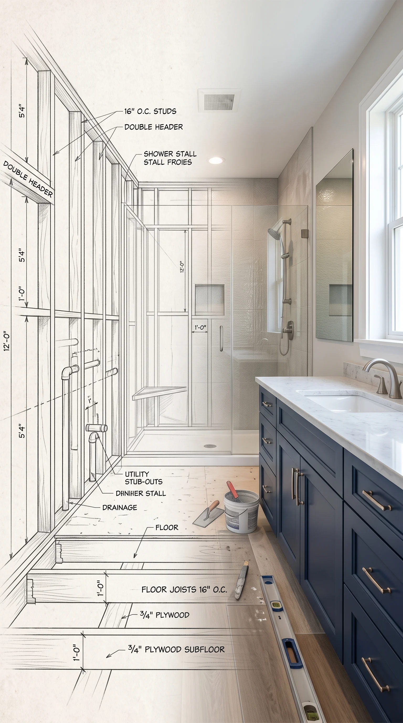 Conceptual bathroom illustration blending a construction sketch with a finished shower and vanity.
