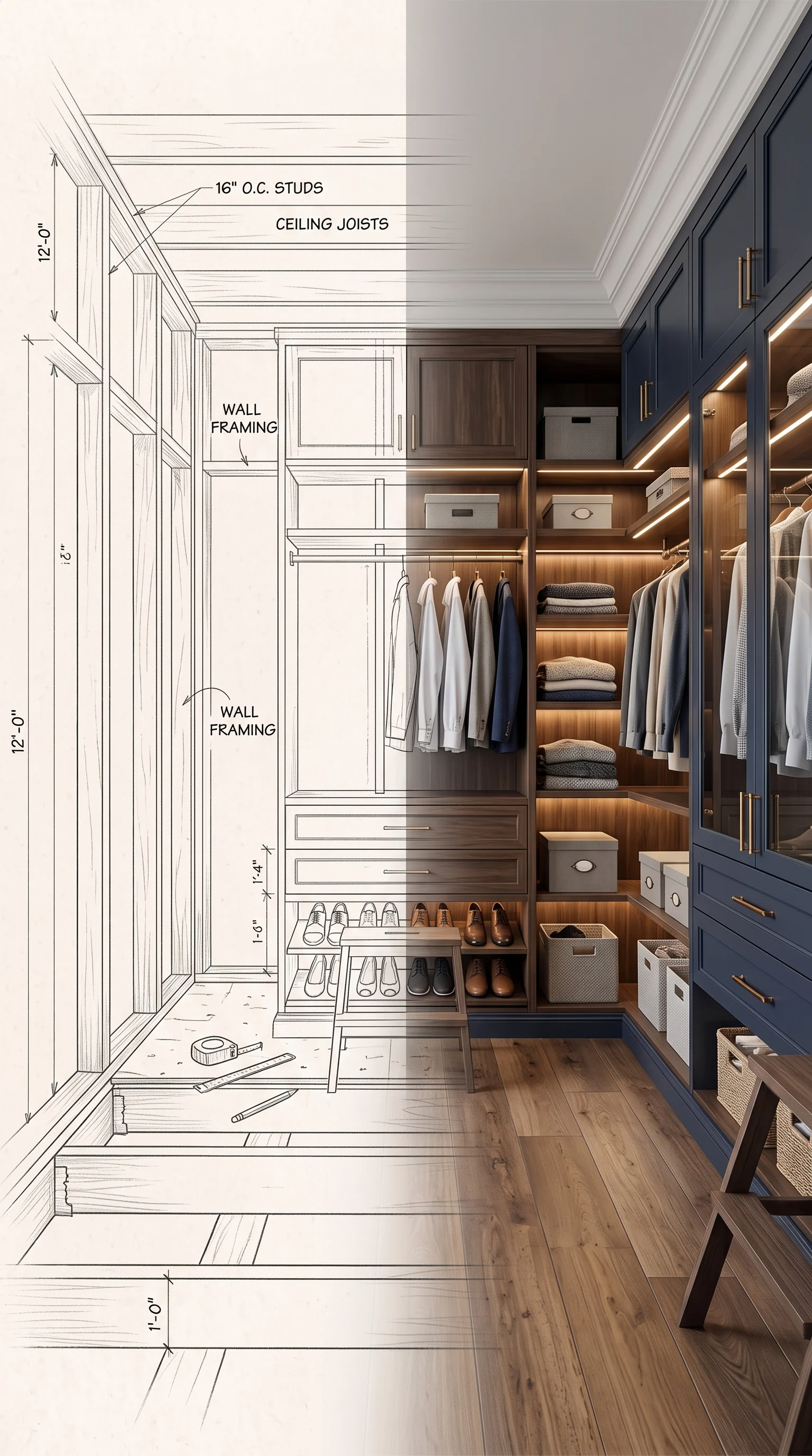 Conceptual built-in storage illustration combining construction sketches with finished cabinetry and shelving.