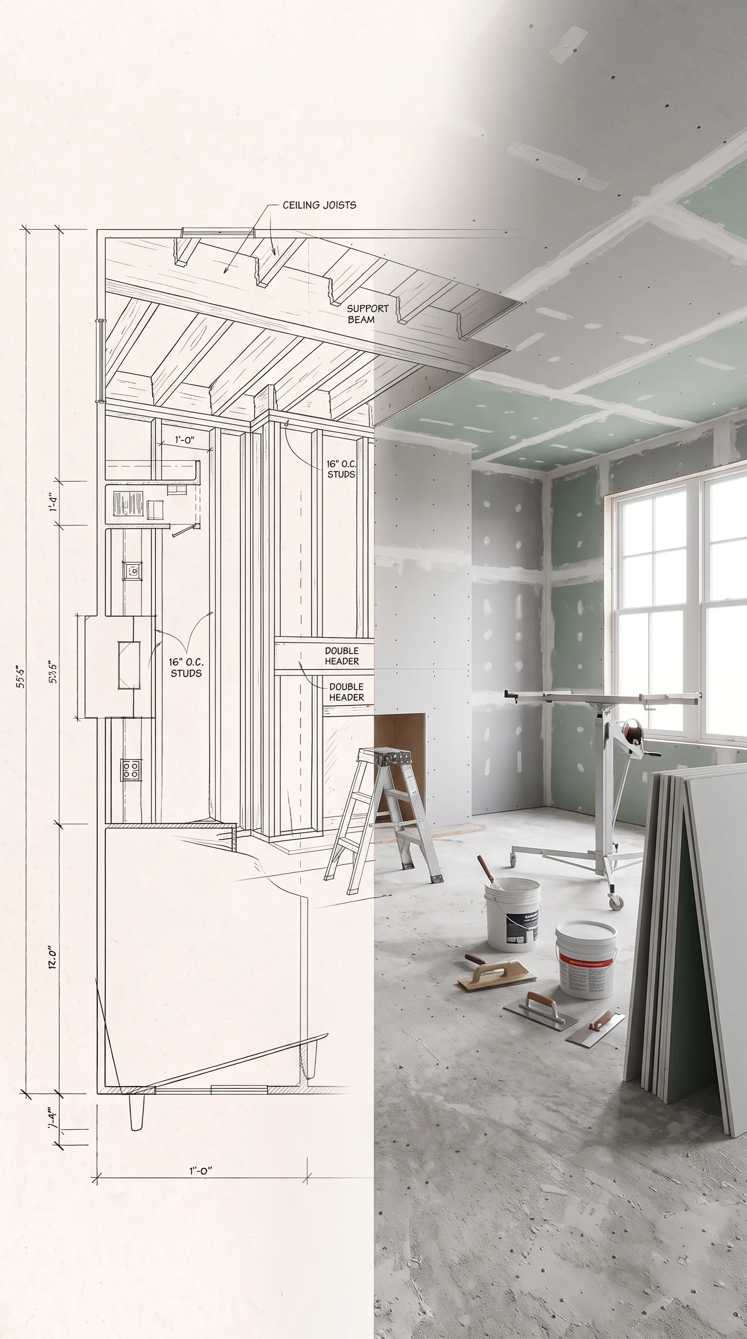 Conceptual wall reconstruction illustration combining framing sketches with installed drywall and finishing tools.