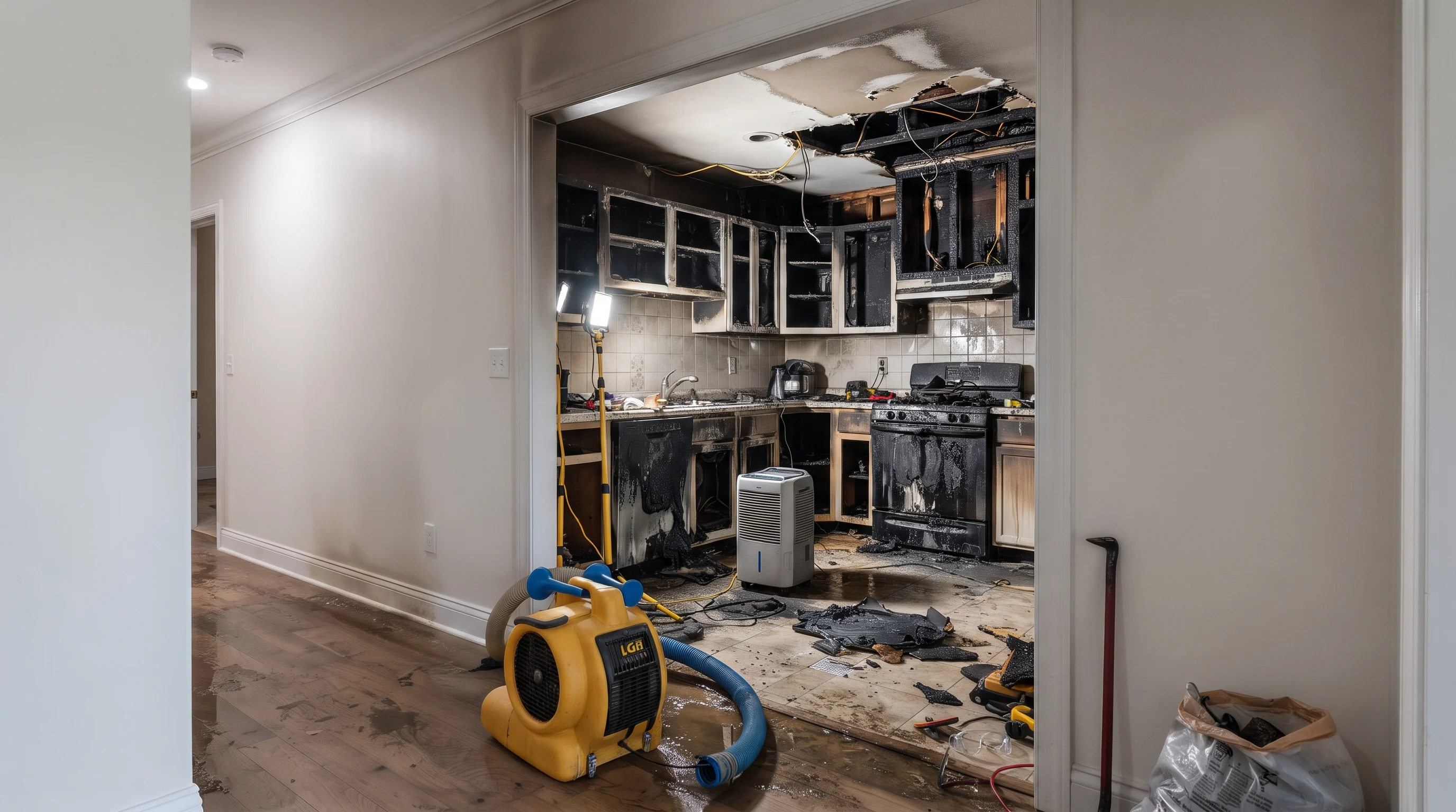 Fire-damaged kitchen with affected cabinets and ceiling, with cleanup equipment