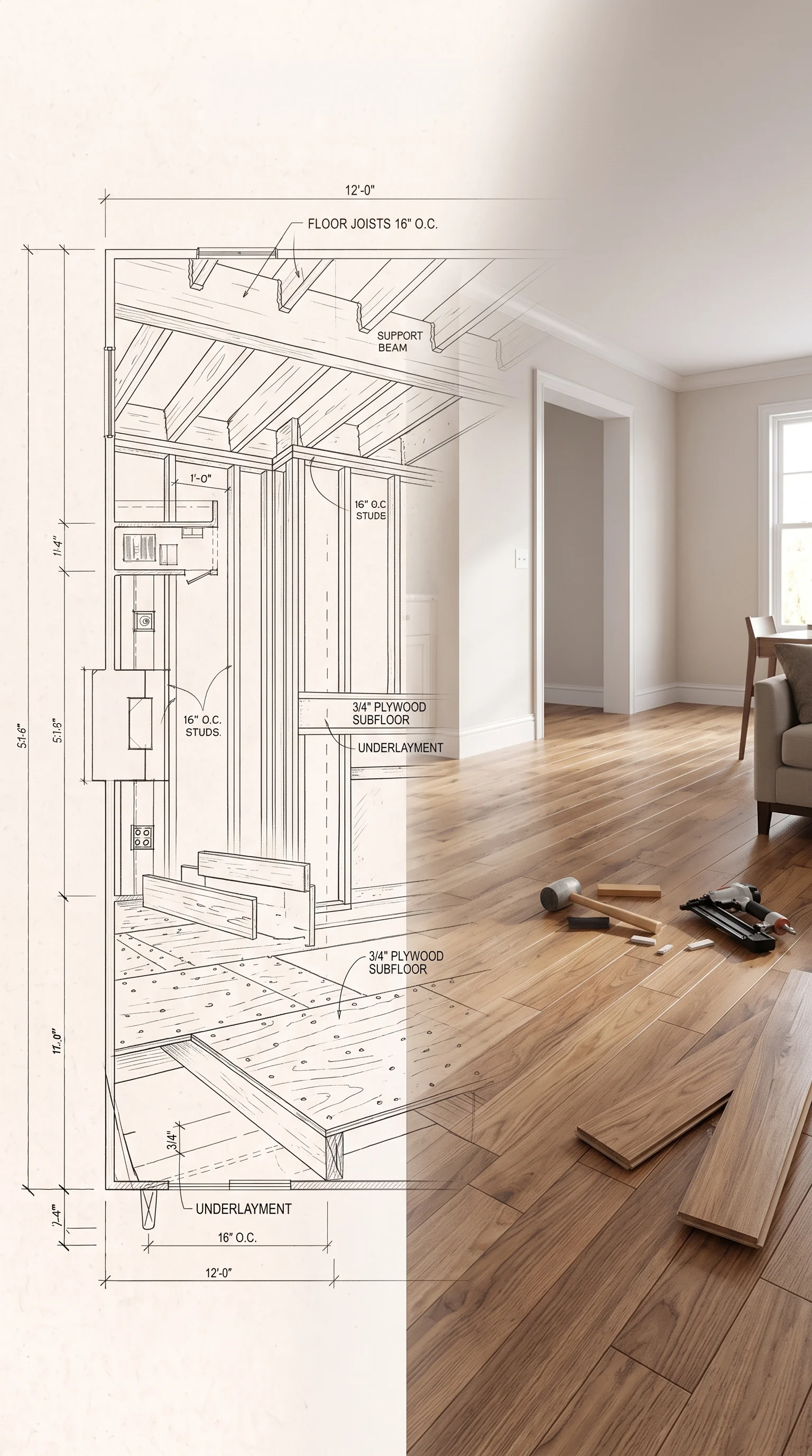 Conceptual flooring illustration showing support layers in a sketch beside an installed wood-look floor.