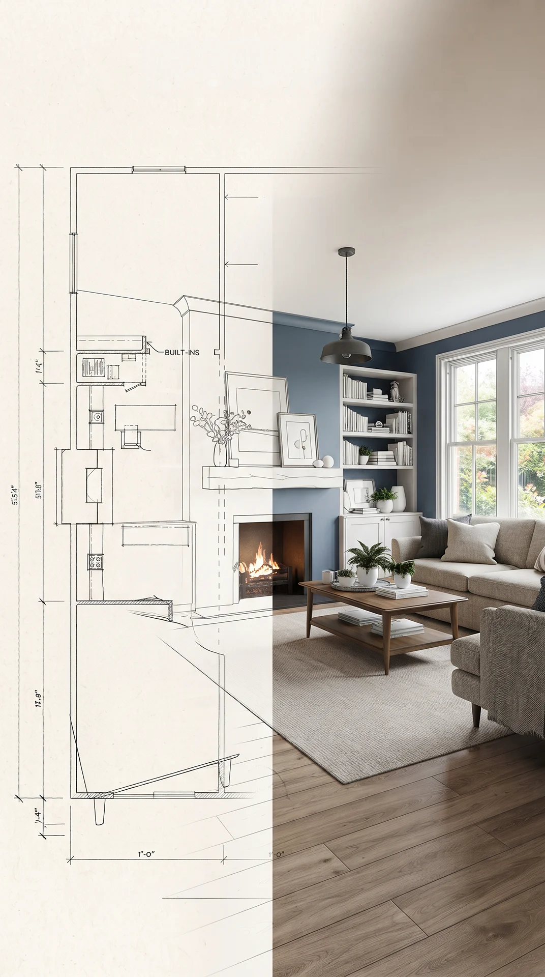 Illustration blending architectural linework with a finished living room