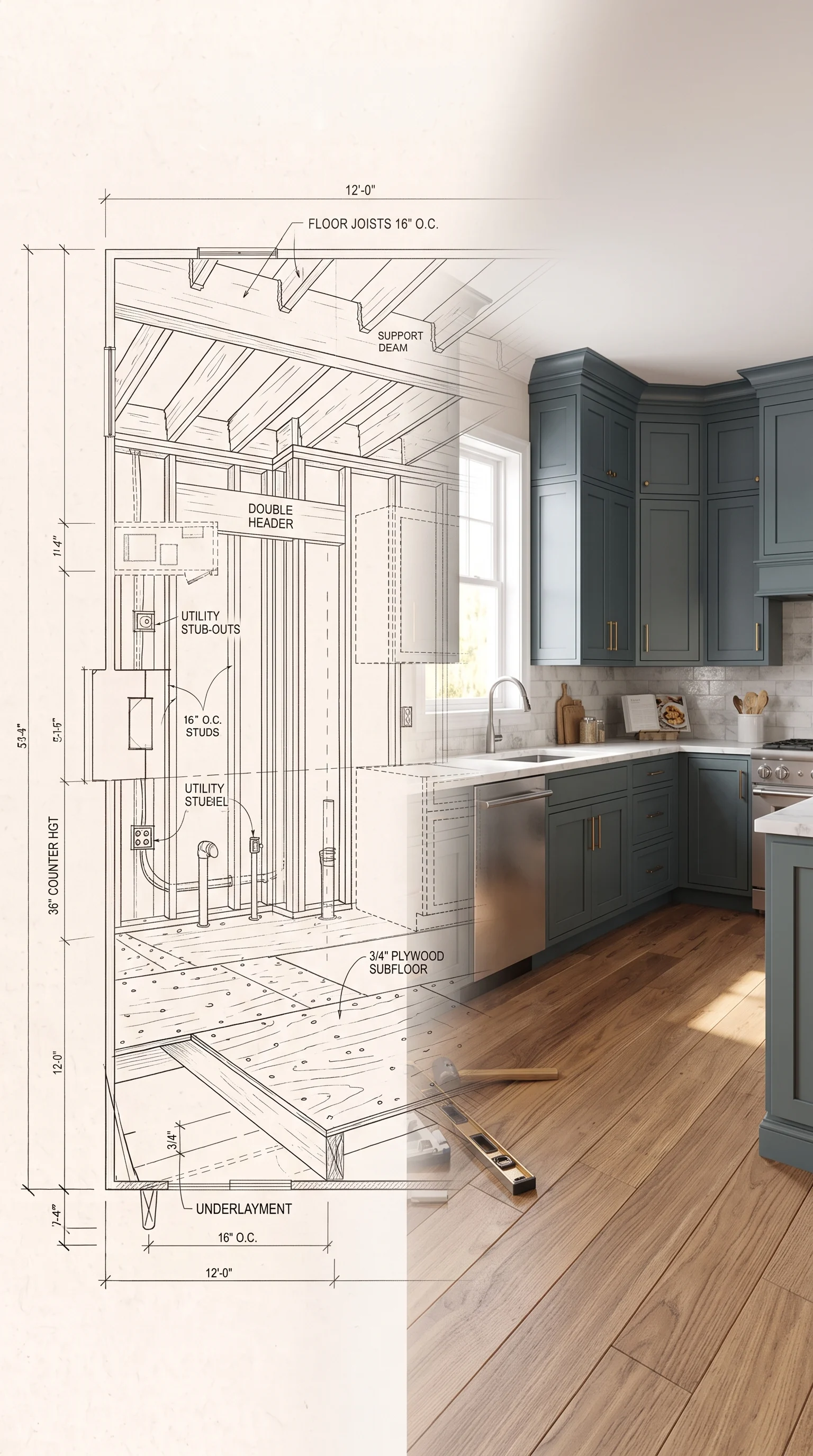 Conceptual kitchen illustration transitioning from a construction sketch to finished cabinetry and counters.