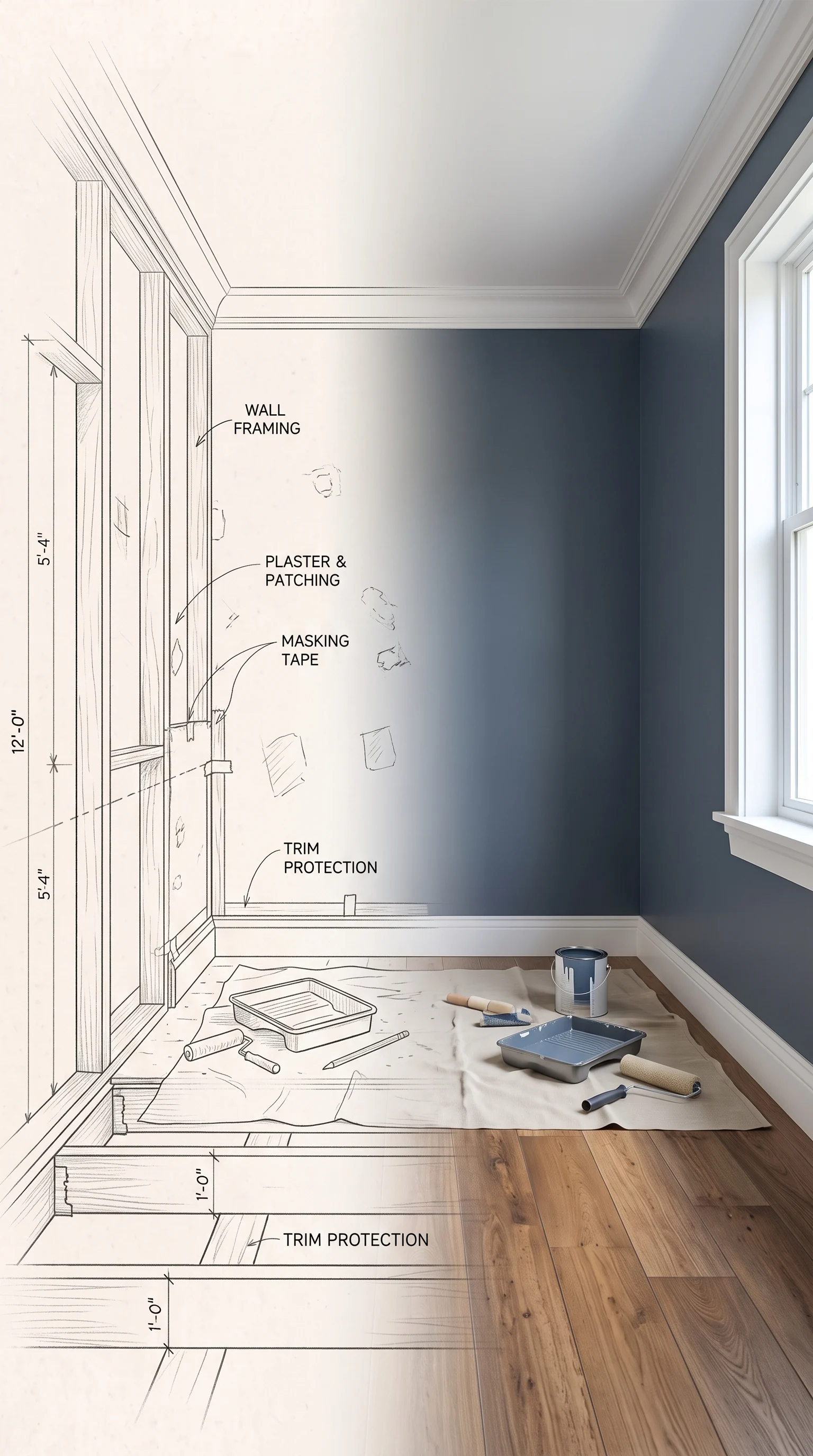 Conceptual finishing illustration showing a wall sketch blending into painted walls, trim and painting tools.