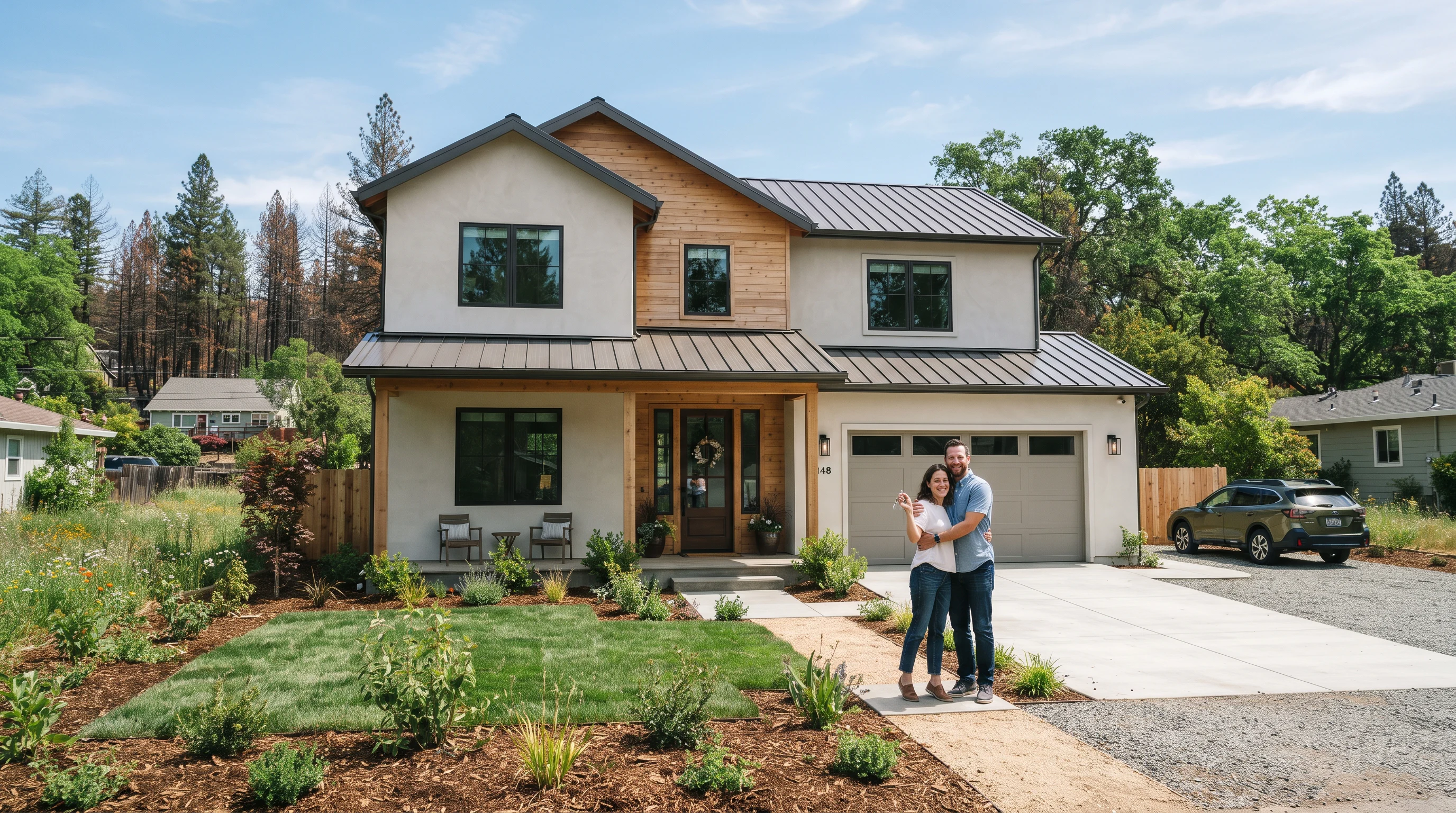 Two people standing outside a contemporary two-storey home