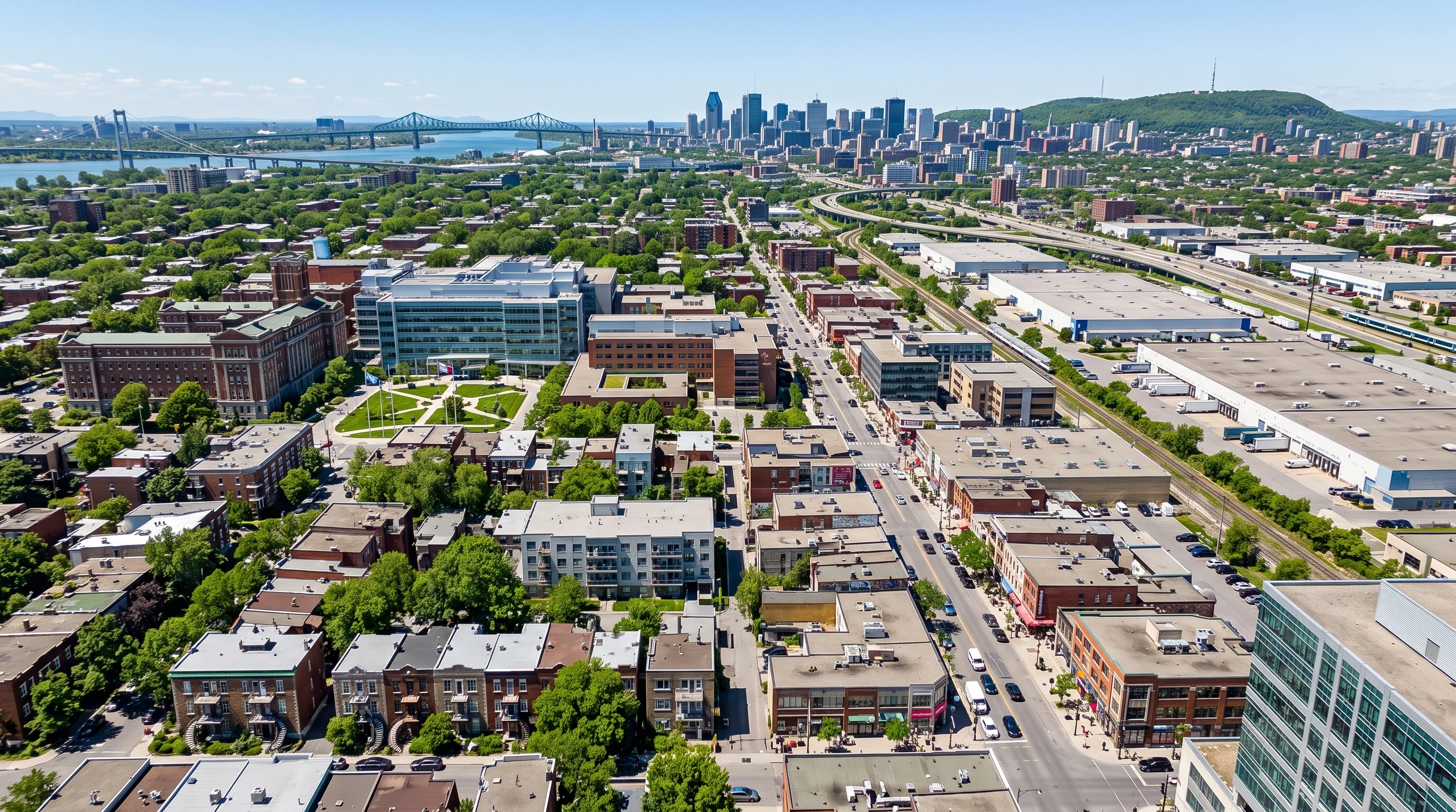 Aerial view illustrating residential and commercial neighbourhoods in Greater Montréal.
