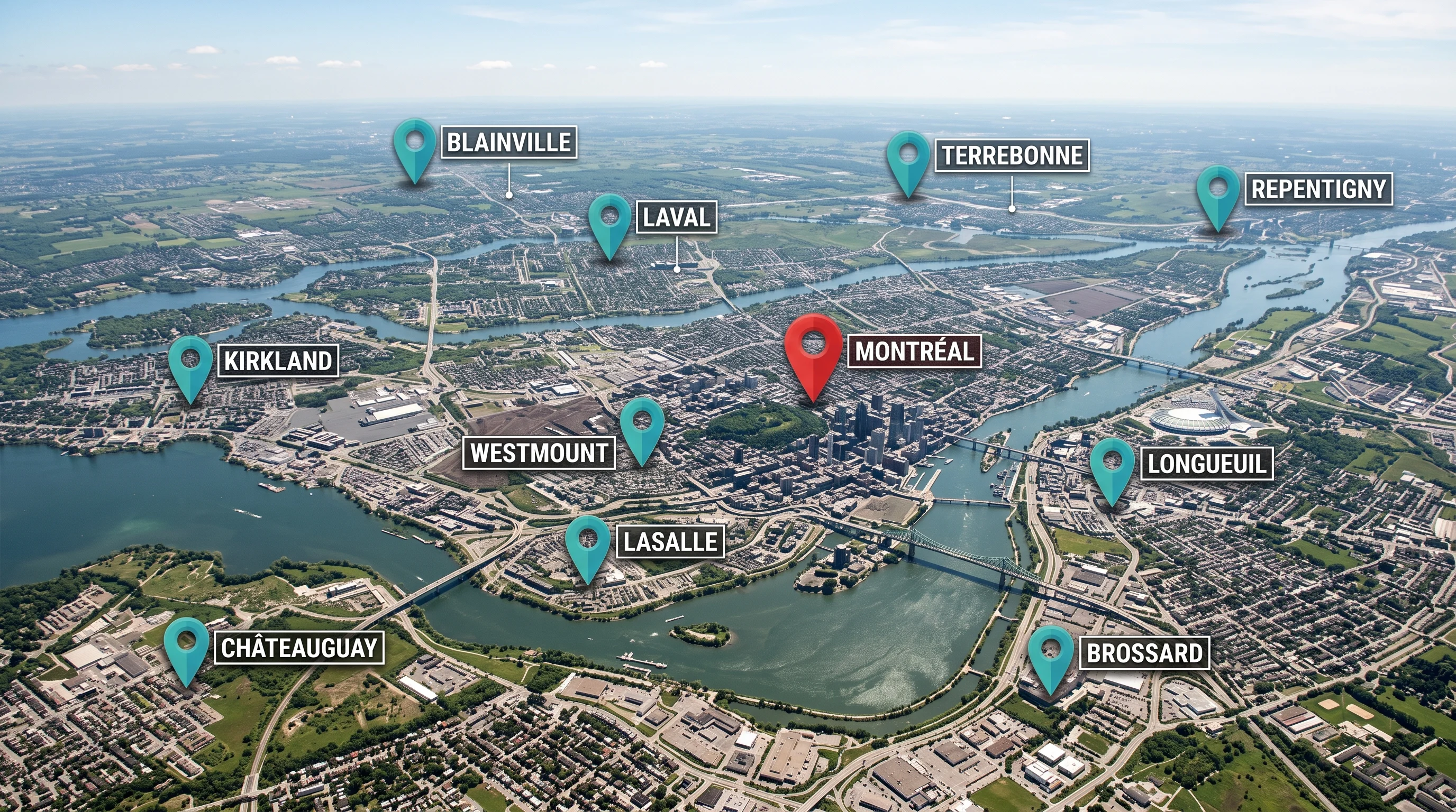 Regional illustration of Greater Montréal and surrounding communities with location markers.