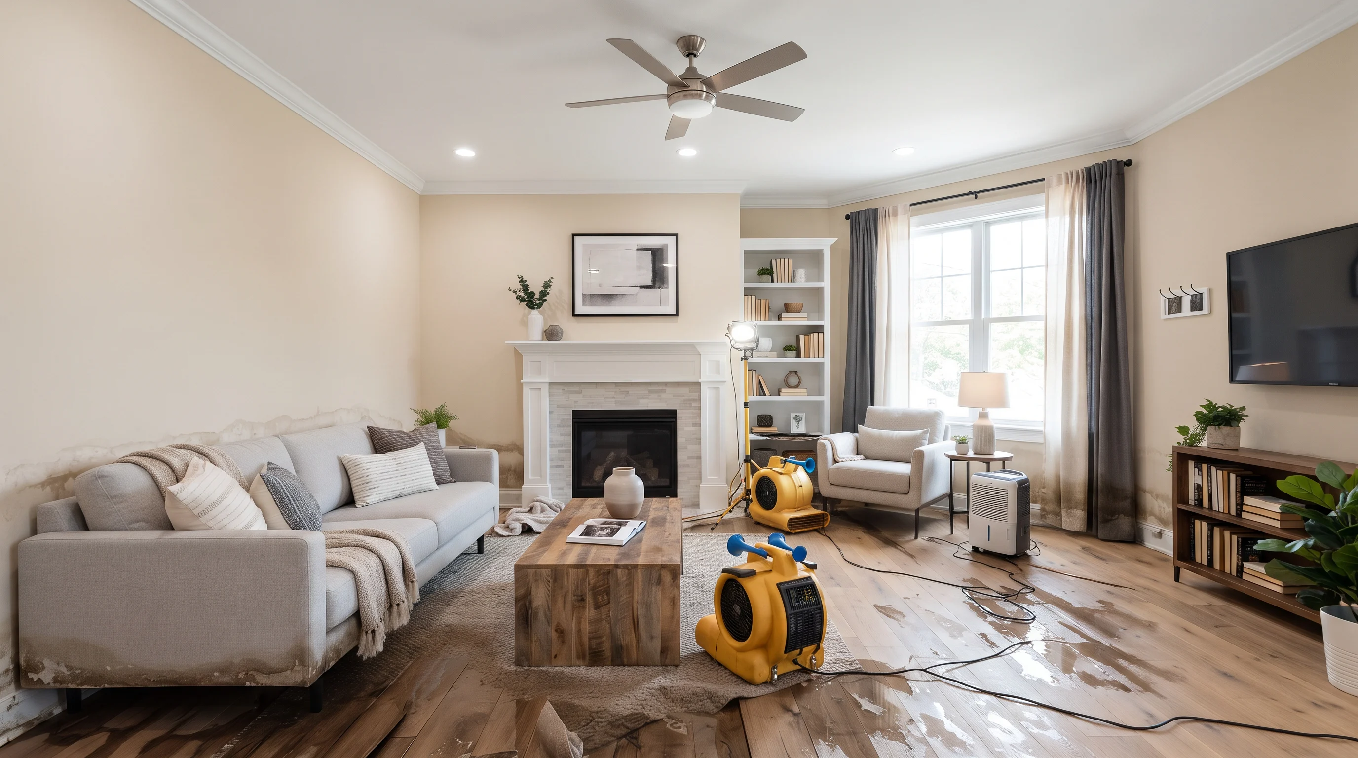 Living room with water-damaged walls and flooring alongside drying equipment